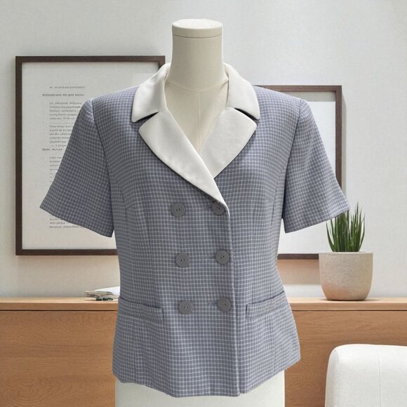 Le Suit Petite Checkered Blazer Double Breasted Academia Preppy Careercore 12P - Picture 1 of 8